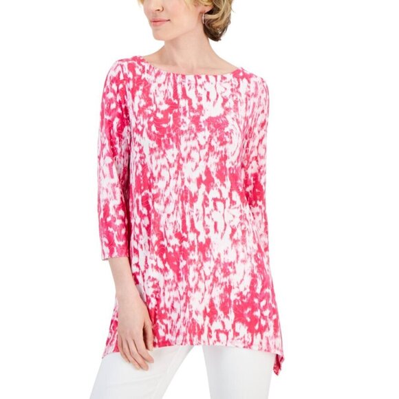 JM Collection Women's XL White & Pink Ikat Floral Jacquard 3/4-Sleeve Top NWT - Picture 1 of 6
